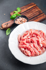 raw meat pork fresh pieces ready to cook healthy appetizer meal food snack on the table copy space food background rustic top view