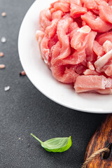 raw meat pork fresh pieces ready to cook healthy appetizer meal food snack on the table copy space food background rustic top view