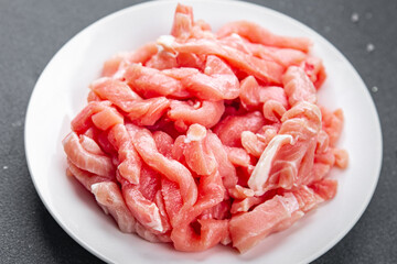 raw meat pork fresh pieces ready to cook healthy appetizer meal food snack on the table copy space food background rustic top view