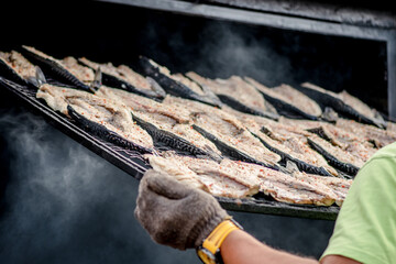 Smoking fresh mackerel fish in a mobile smokehouse in a farmer's street market in Vilnius, Lithuania