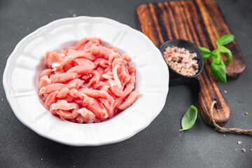 raw meat pork fresh pieces ready to cook healthy appetizer meal food snack on the table copy space food background rustic top view