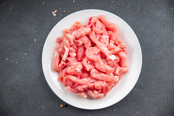 raw meat pork fresh pieces ready to cook healthy appetizer meal food snack on the table copy space food background rustic top view