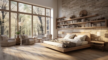 Interior of minimalist scandi style bedroom in luxury villa. Decorative wall, simple wooden bed and elements of furniture, armchairs, floor-to-ceiling window with forest view. Mockup, 3D rendering.
