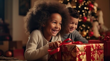 Fototapeta na wymiar Children opening their Christmas presents, capturing genuine joy and excitement.
