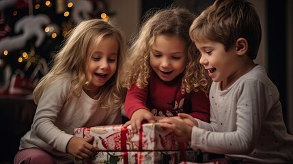 Children opening their Christmas presents, capturing genuine joy and excitement.