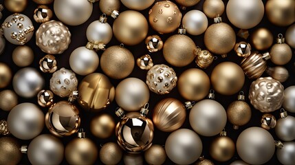 Golden bells and Christmas baubles arranged in a festive flat lay composition.