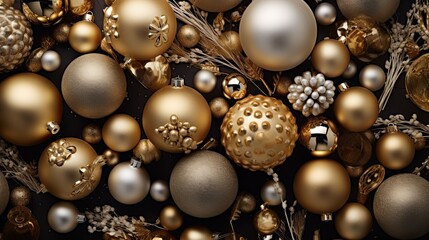 Golden bells and Christmas baubles arranged in a festive flat lay composition.