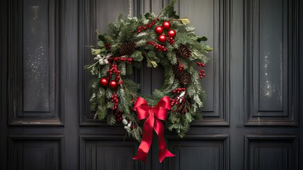 Homemade Christmas wreath hanging on a rustic wooden door, emphasizing holiday welcome.
