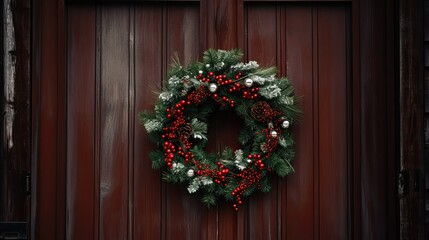 Fototapeta na wymiar Homemade Christmas wreath hanging on a rustic wooden door, emphasizing holiday welcome.
