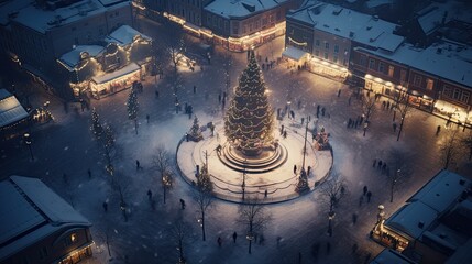 Snow-covered town square with a grand Christmas tree, emphasizing festive community spirit.