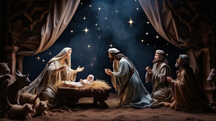 Traditional nativity scene set against a starlit night, capturing the spiritual essence of Christmas.