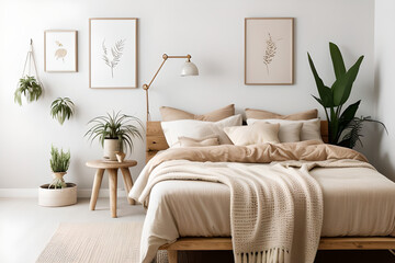 Cozy sustainable bedroom in natural colors with wooden cabinet furniture, stylish interior, three mockup and plants. Eco friendly home interior with pastel gentle calming beige and light brown vibes