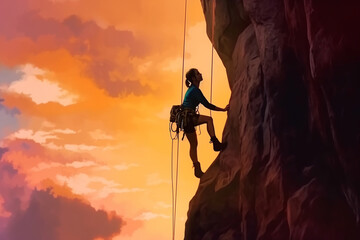 Rock climber in the evening a young woman of Caucasian descent ascends a difficult route on an overhanging cliff. Adventure and Extreme Sport Concept. watercolor style. Generative AI