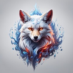 Design of a white fox facing forward wearing a blue flame