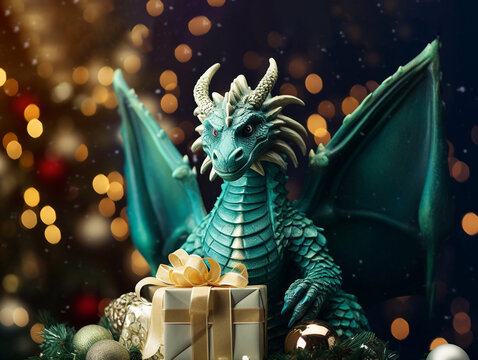 Green dragon statue symbol of 2024 year with christmass gift boxes