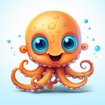An orange octopus with blue eyes and a big smile. Fiction, made with AI.