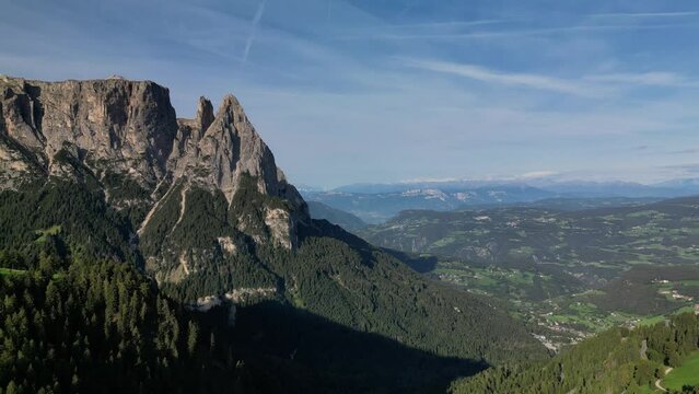 Aerial video of the sunrise in the Dolomites mountains. Compatsch Italy.