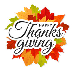 Fototapeta na wymiar Happy Thanksgiving. Thanksgiving text typography template with autumn leaves. Vector illustration