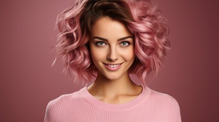 Happy young woman wearing pink sweater on pink background