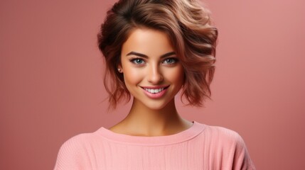 Fototapeta premium Happy young woman wearing pink sweater on pink background