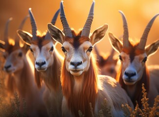 A group of antelopes looking at the camera - obrazy, fototapety, plakaty