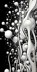 A black and white picture of a bunch of bubbles. Imaginary illustration.