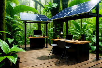Fototapeta premium Nature Office, Tranquil Rainforest Workspace with Solar Power, AI Generated