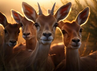A group of antelopes looking at the camera
