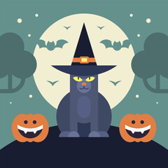 Halloween kids greeting card with cute black cat pumpkin moon background vector flat illustration