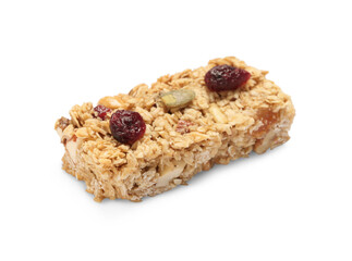 Tasty granola bar with berries isolated on white
