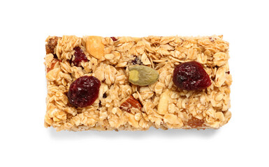 Tasty granola bar with berries isolated on white, top view