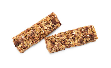 Two tasty granola bars isolated on white, top view