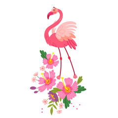 Exotic tropical birds, pink flamingos, flowers and leaves, . Stylish floral print vector illustration poster. - 645323563