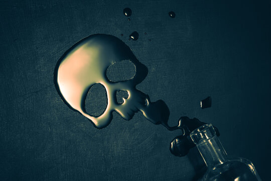 Skull-shaped puddle pours out of a bottle of vodka.
