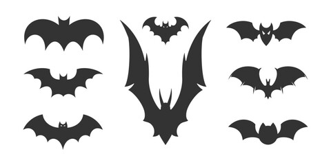 Halloween flying bat black silhouette with open wings different shape icon set vector flat