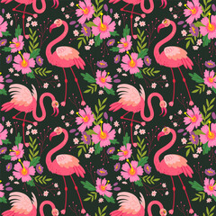 Exotic tropical pattern with birds, pink flamingos, flowers and leaves. Stylish floral print vector illustration poster. On black background. - 645323748