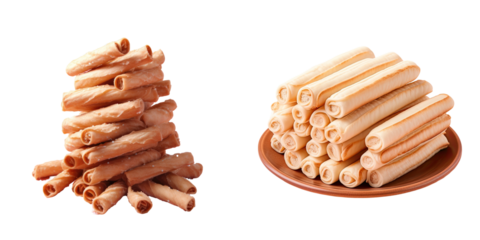 Pile of delicious wafer rolls topped with cooked condensed milk set against transparent background