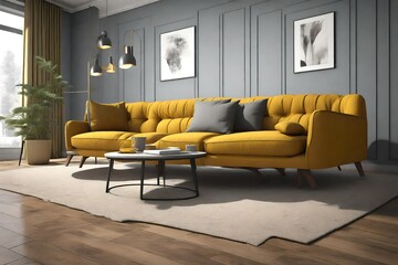 grey mustard sofa, in living room 3D view,
