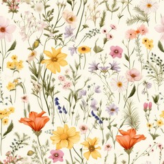 A bunch of colorful flowers on a white background. Imaginary illustration. Seamless boho background.