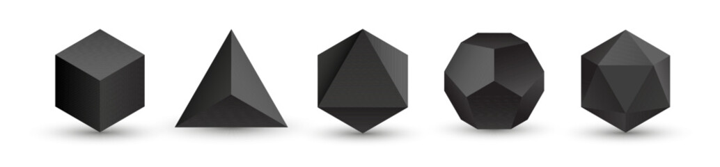 Set of black vector editable 3D platonic solids isolated on white background. Mathematical geometric figures such as cube, tetrahedron, octahedron, dodecahedron, icosahedron. Icon, logo, button.