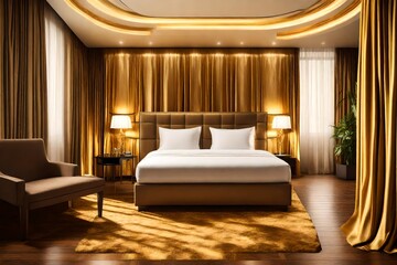 one bed in a hotel room interior design with golden curtain