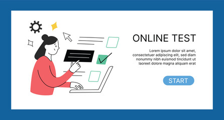 Online test banner, start testing button, internet exam, ui layout page, web page with vector illustration, school testing, educational or psychological testing, good for website interface