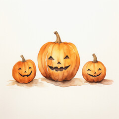 Fototapeta premium Halloween Jack-O-Lantern Pumpkin Watercolor Concept - Simple and Minimalist Isolated on White and Cream Background - Children's Illustration Art Style with Copy Space - Square Layout