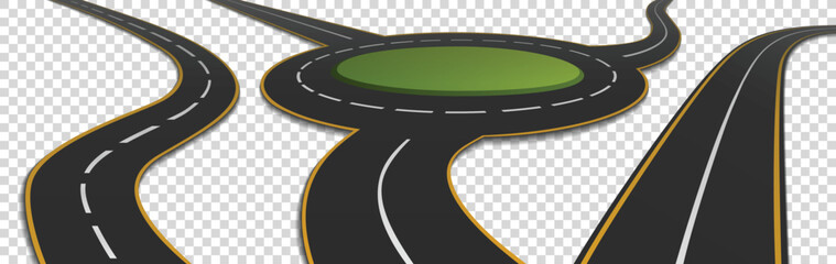 Road, winding highway isolated on transparent background. Trip two lane curve asphalt pathway going into the distance. Road circle intersection. Route direction and navigation signs for map, Vector ic