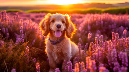 Smiling puppy dog, sitting amongst heather hill in sunshine, generated AI