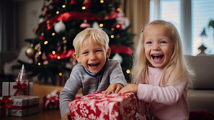 Fototapeta na wymiar Children opening their Christmas presents, capturing genuine joy and excitement