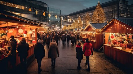 Christmas market bustling with people and twinkling lights, showcasing festive shopping