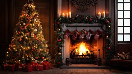 Fototapeta na wymiar Classic Christmas tree adorned with ornaments and lights, set against a warm fireplace