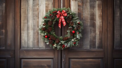 Fototapeta na wymiar Homemade Christmas wreath hanging on a rustic wooden door, emphasizing holiday welcome