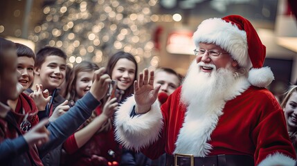 Santa Claus interacting with excited children in a mall, capturing the magic of belief